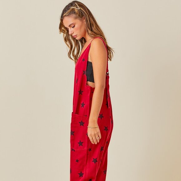 RED & BLACK Star Print One-Piece College Pro Fan GAMEDAY DENIM Onesie Jumpsuit - Picture 7 of 11